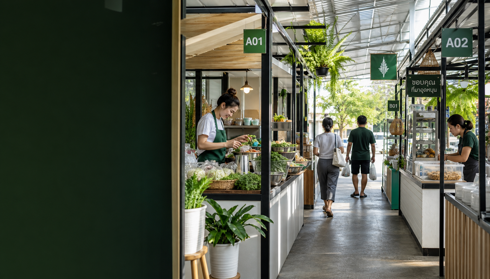 Modern Thai market with rental space signs